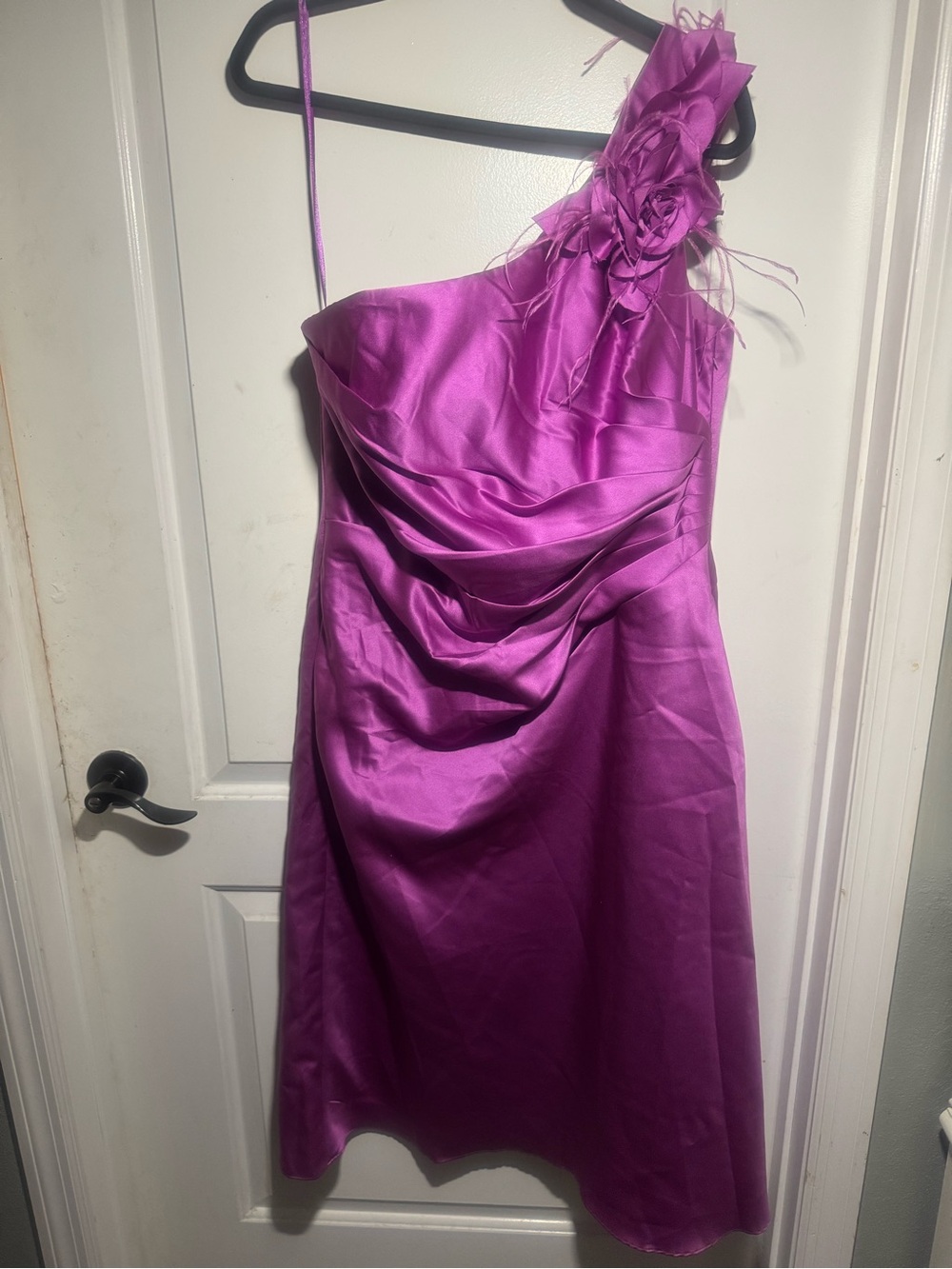 Allure Bridals One-Shoulder Magenta Satin Dress with Floral Shoulder Detail